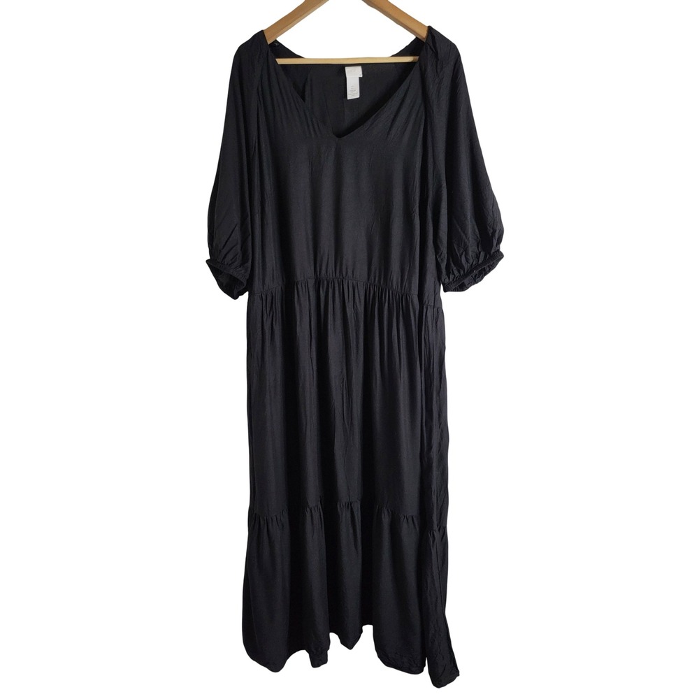 HM Black Tiered Maxi Dress V-Neck Puff Sleeve Viscose L Cottage Oversized Boho
